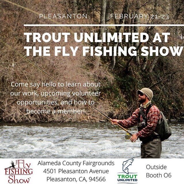 Are you going to be at the Pleasanton Fly Fishing Show? If so, come by @troutunlimitedca &lsquo;s booth to hear about volunteer opportunities, our kids camp, meet with staff and local chapters, and pick up some swag! We&rsquo;ll be outside in booth O