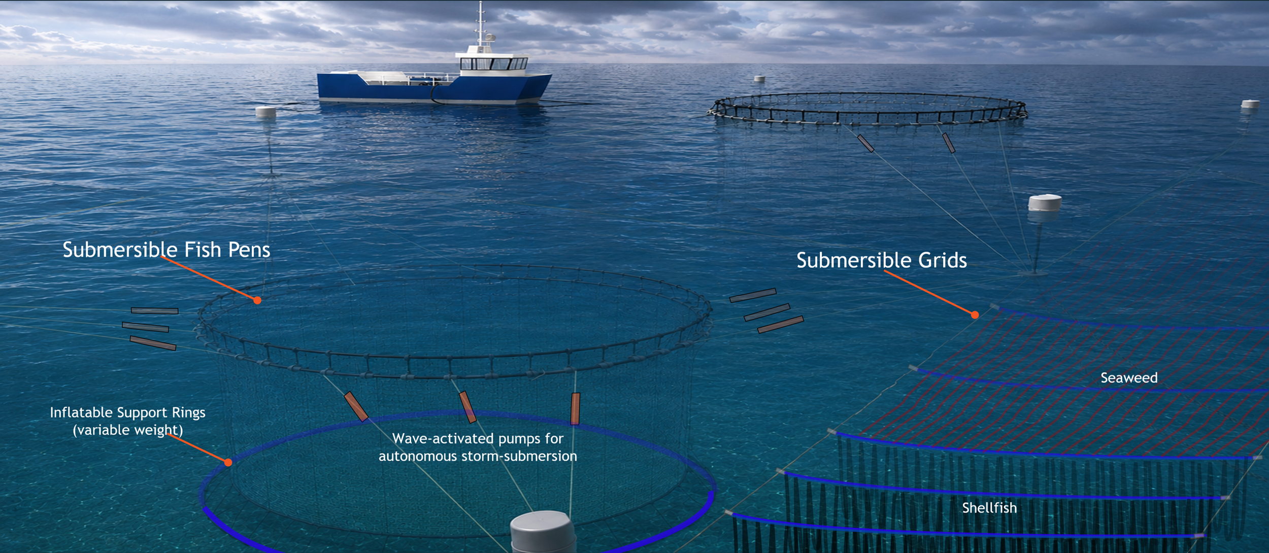 Impact-9 pressure adaptive tubes SeaStrut potential applications in sigh pens mussel farms and seaweed farms. submersible farming