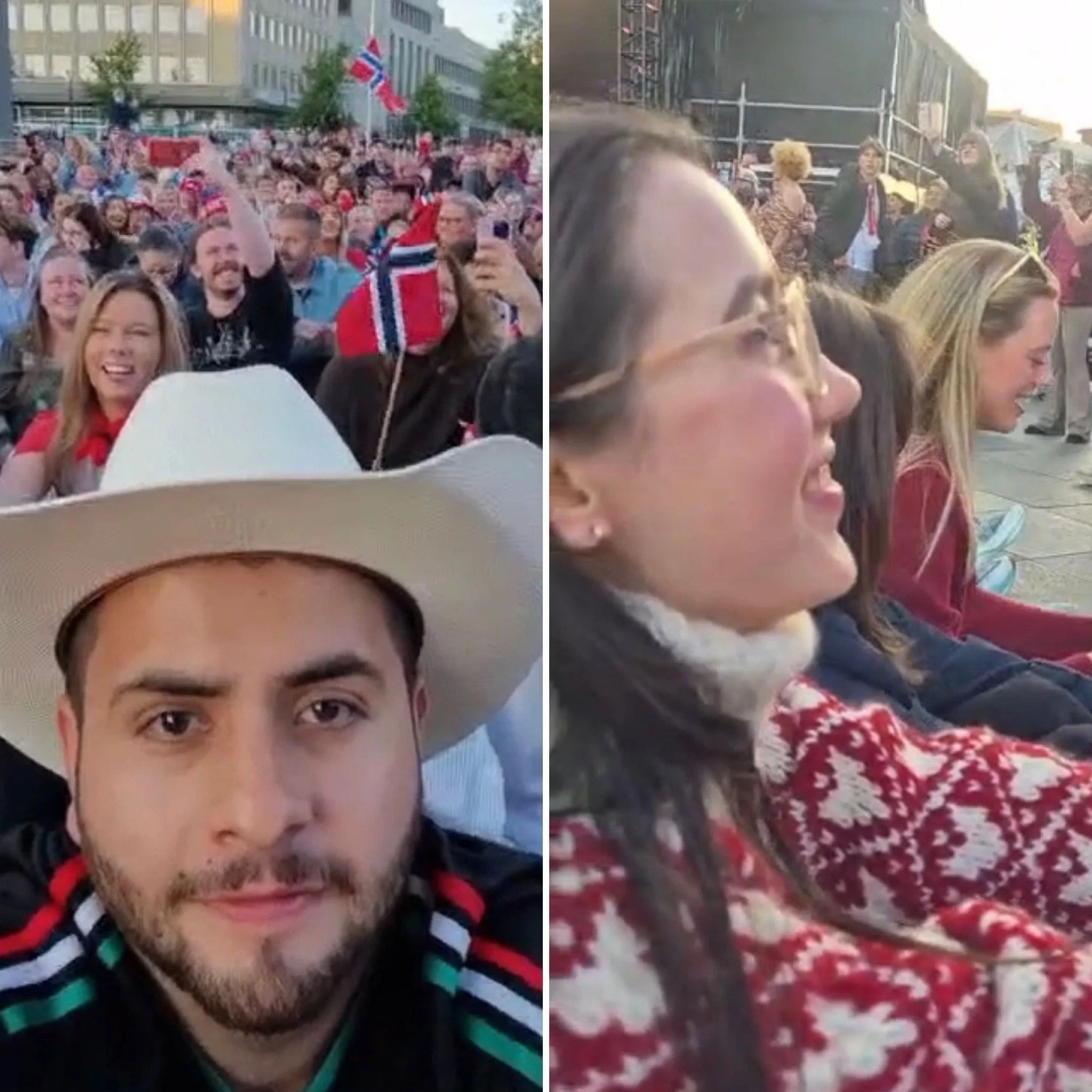 A young man wearing a cowboy hat and Mexico soccer jersey in front of a crowd with Norway flags and a woman in a Nordic red and cream sweater in a similar crowd