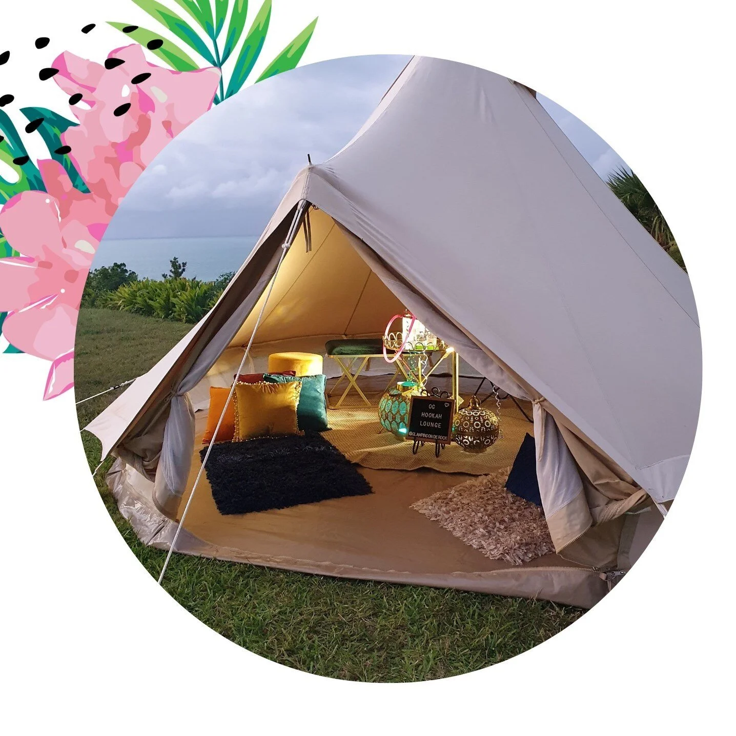 It's Glamping time 🎪 #DeSitOffLounge 🌴🌸! Book today and immerse yourself in a unique outdoor Glamping experience!⁠
⁠
💻 www.glampingonderock.com or click the link in our bio!⁠
⁠
📞 Call us on 1-441-705-1550⁠
⁠
📧 Email: booking@glampingonderock.co