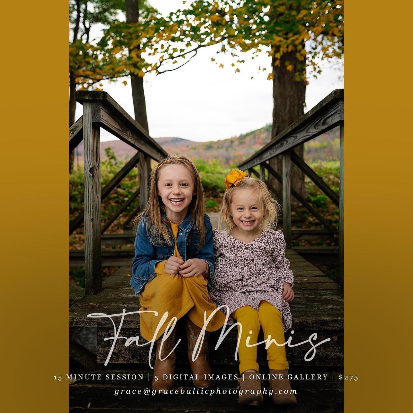 Fall Mini Sessions are here, finally! The available dates for these quick, fun photo sessions are:
Tuesday, 9/27
Saturday, 10/1
Sunday, 10/2
Thursday, 10/6
They are 15 minutes long, include 5 digital photos for download, and are priced at $275.
Messa