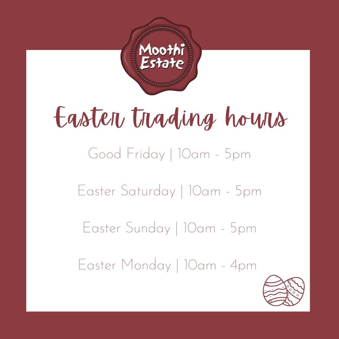 EASTER TRADING | Moothi Estate will be open across the Easter long weekend 🐰 Join us for our last-ever Easter long weekend as we serve up our famous platters, Moothi wine &amp; good times on our deck. Watch this space for specials + more details. Bo