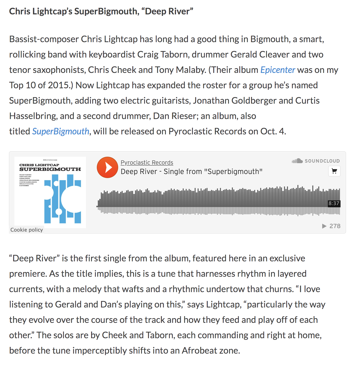 Nate Chinen features “Deep River” from upcoming SuperBigmouth on WBGO’s “Take Five”