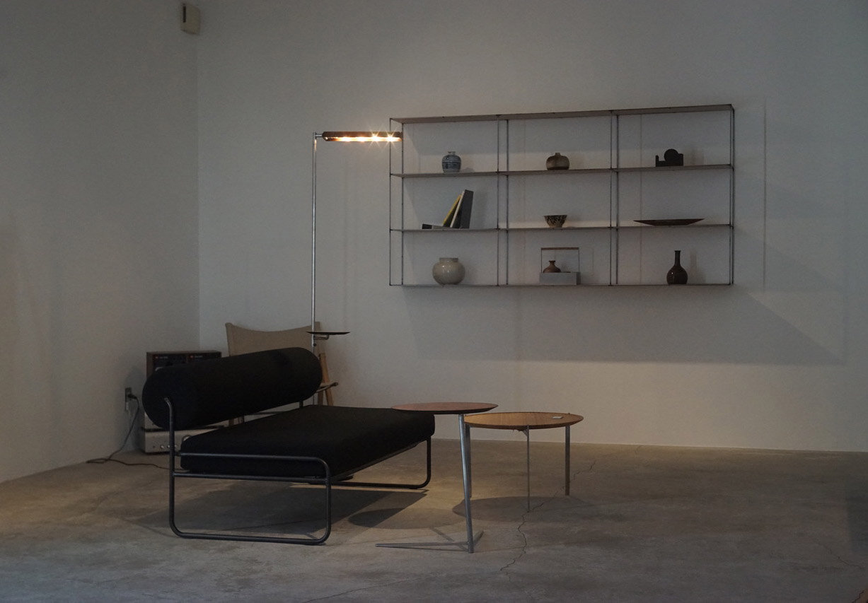 Wall Shelf with a 6mm thin steel square bar. Kita said he designed it to fit the plywood size 1900mm x 900mm installed for the wall in his showroom.