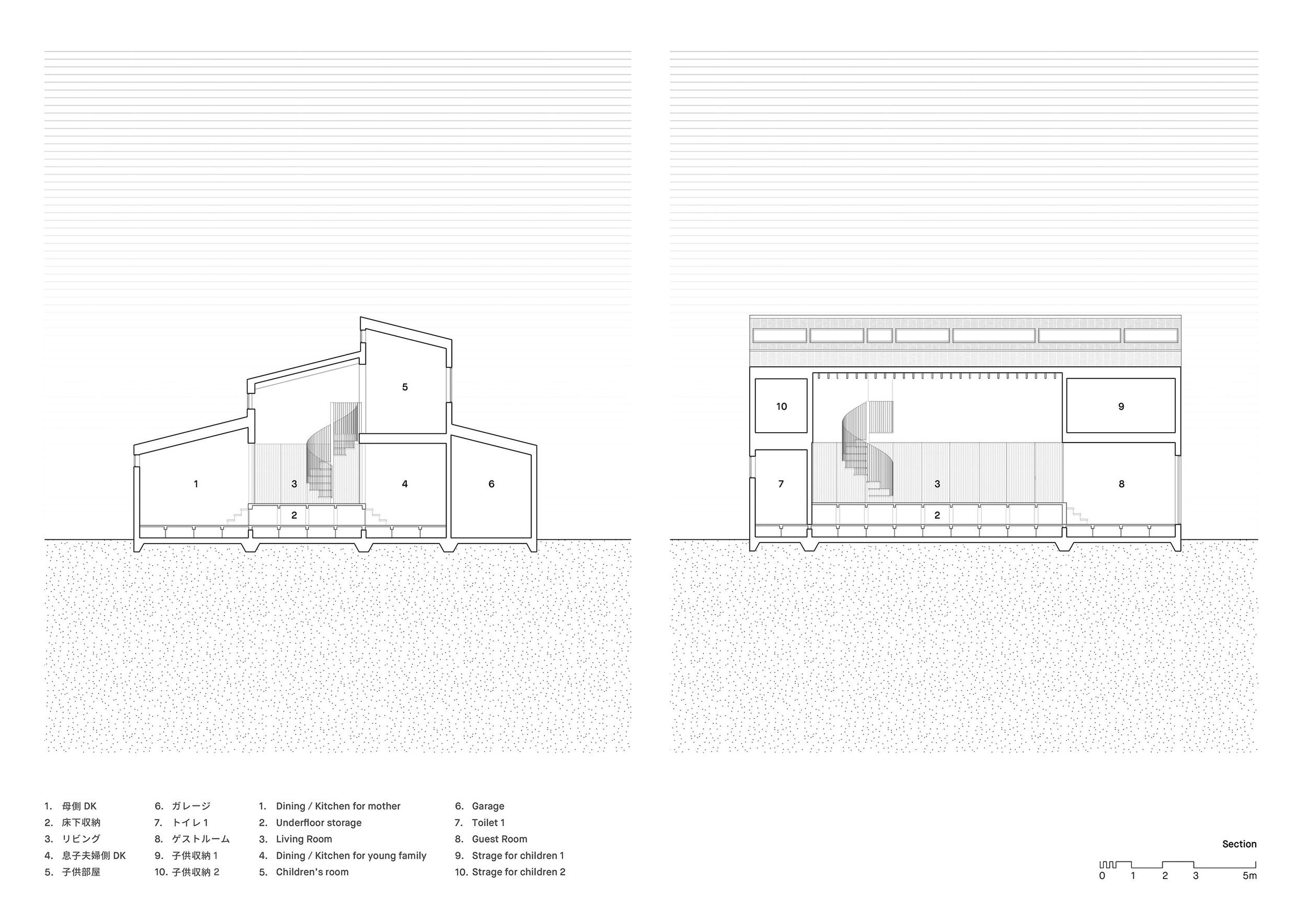  2id Architectsの岡田宰 Tsukasa Okada がデザインした住宅 Dan Dan Dan Houseの断面 