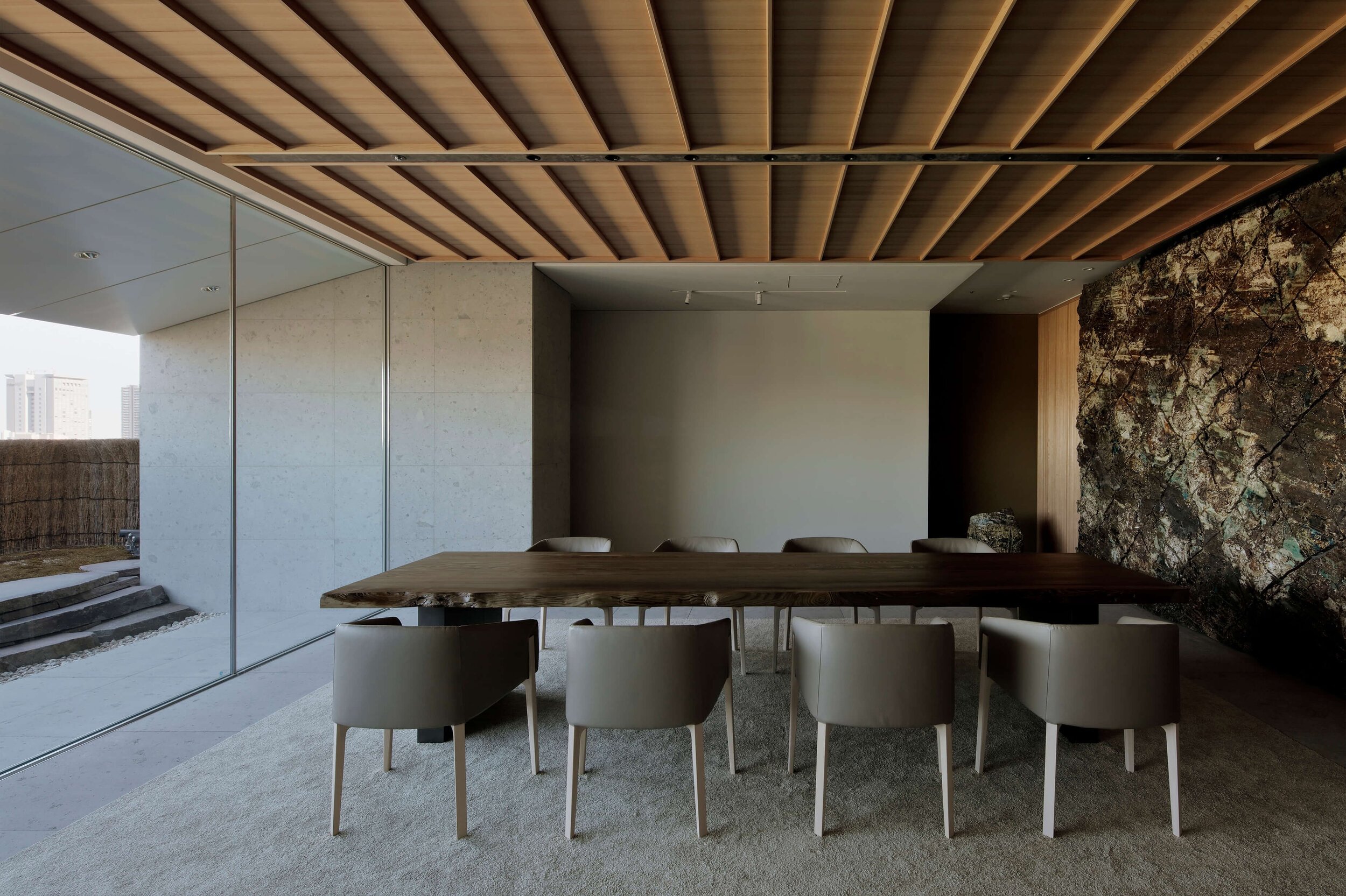 reception room with wooden ceiling of ntv project by tomoyuki sakakida architect in tokyo japan