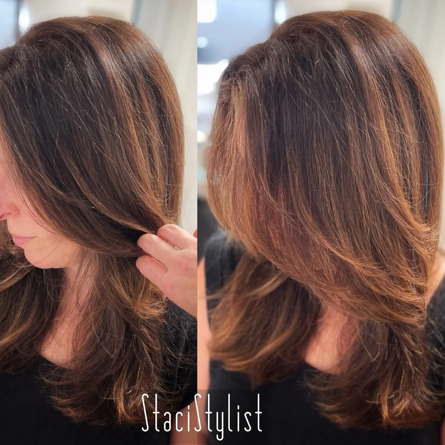 🍂🍁Welcome to autumn and the deep, sumptuous color palette it brings. This is a perfect example of a warm chocolate brown with soft amber copper highlights, adding dimension to the sleek and polished blowout ✨✨