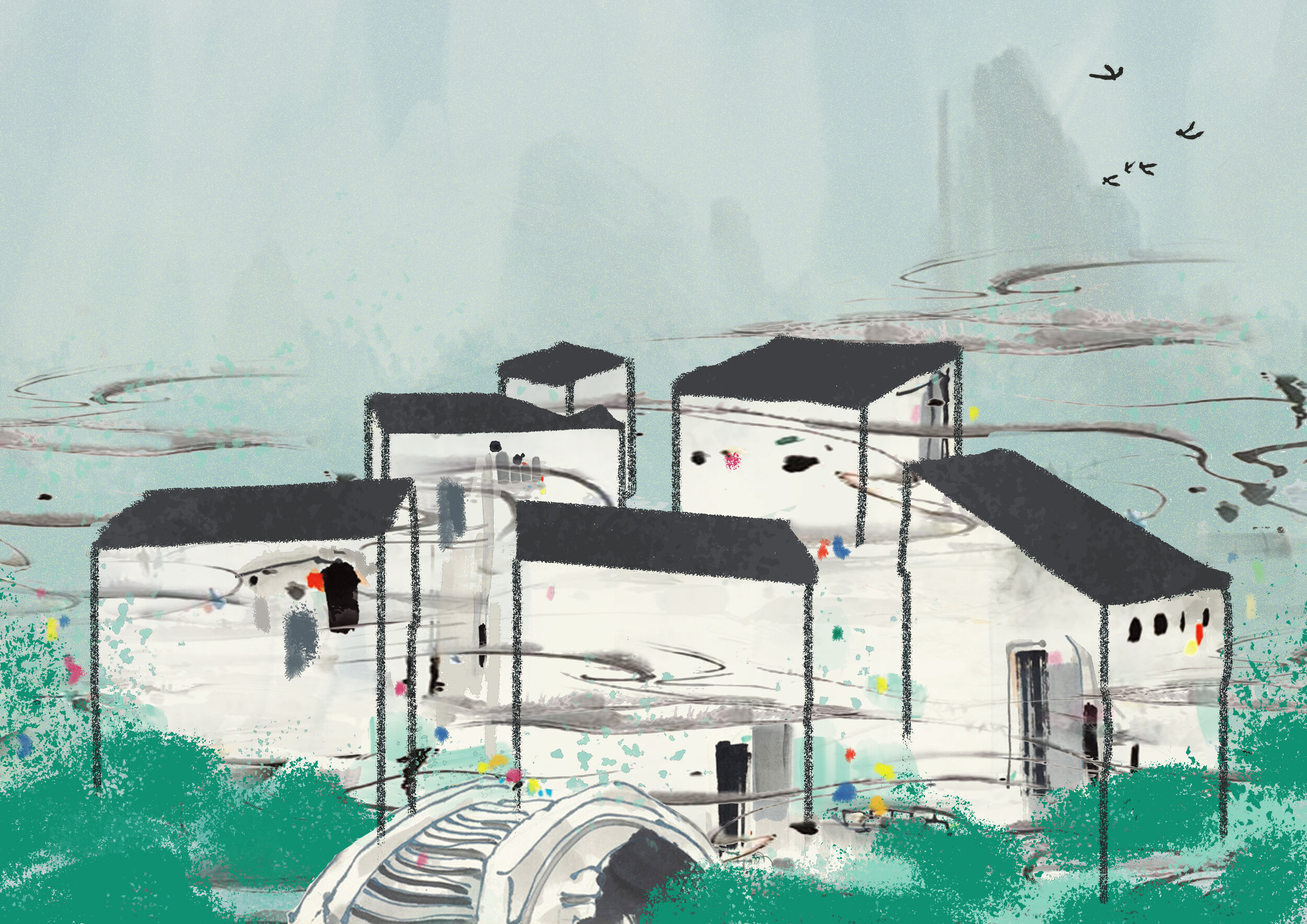 The town of houses sits within the lush landscape that references back to the farmland history of the site. It is a place for respite from the large scale urban cityspace of the area. A fluid multi-layered canopy wraps around and softens the sturdy …