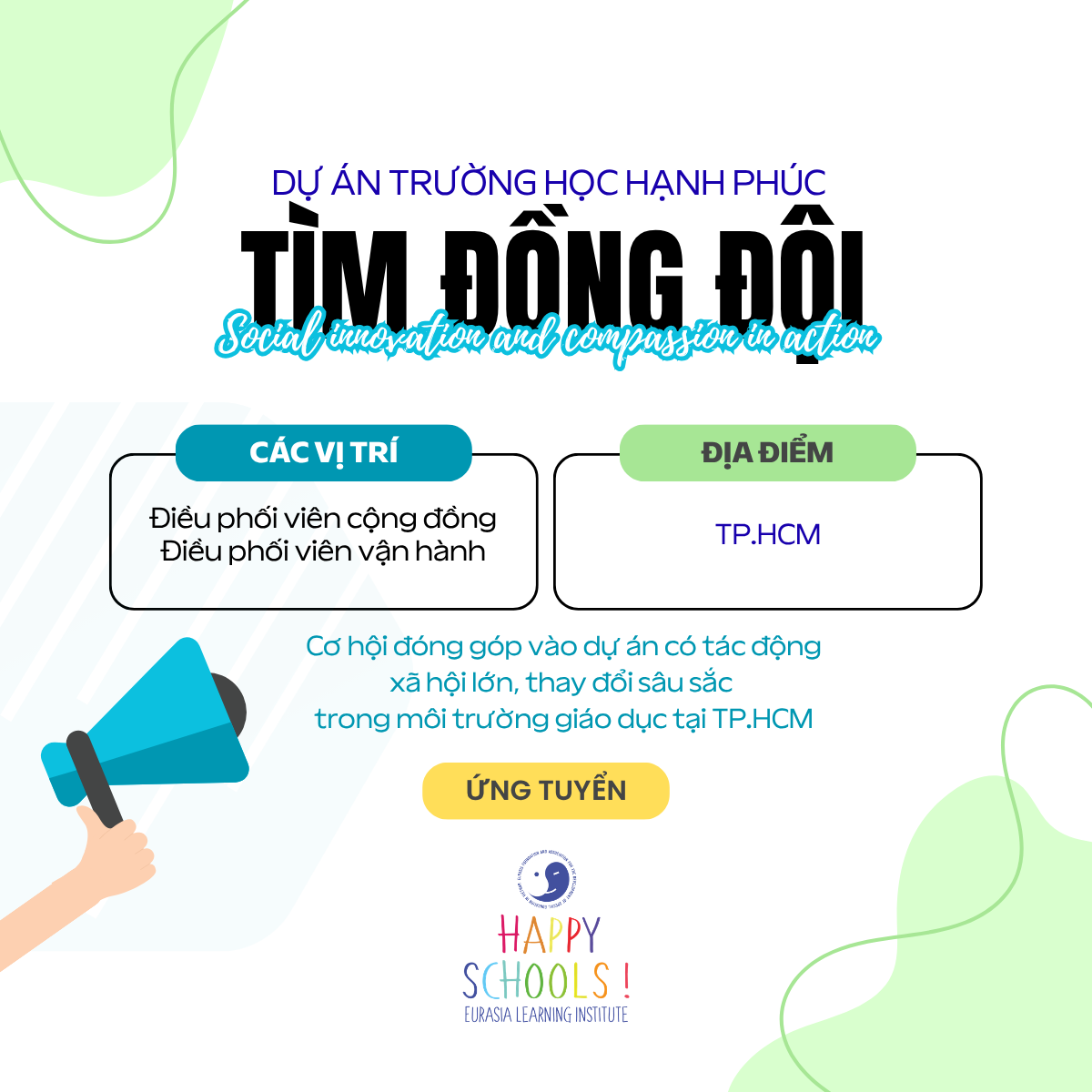 [Tp.HCM] Dự án Trường Học Hạnh Phúc tuyển dụng Điều phối viên Cộng đồng và Điều phối viên Vận hành