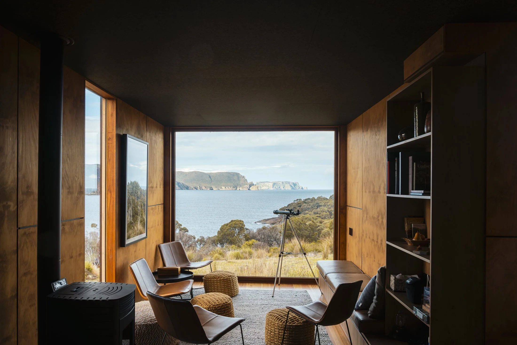 Tasman Long Weekend — timber interior looking out to the Tasman Peninsula coast