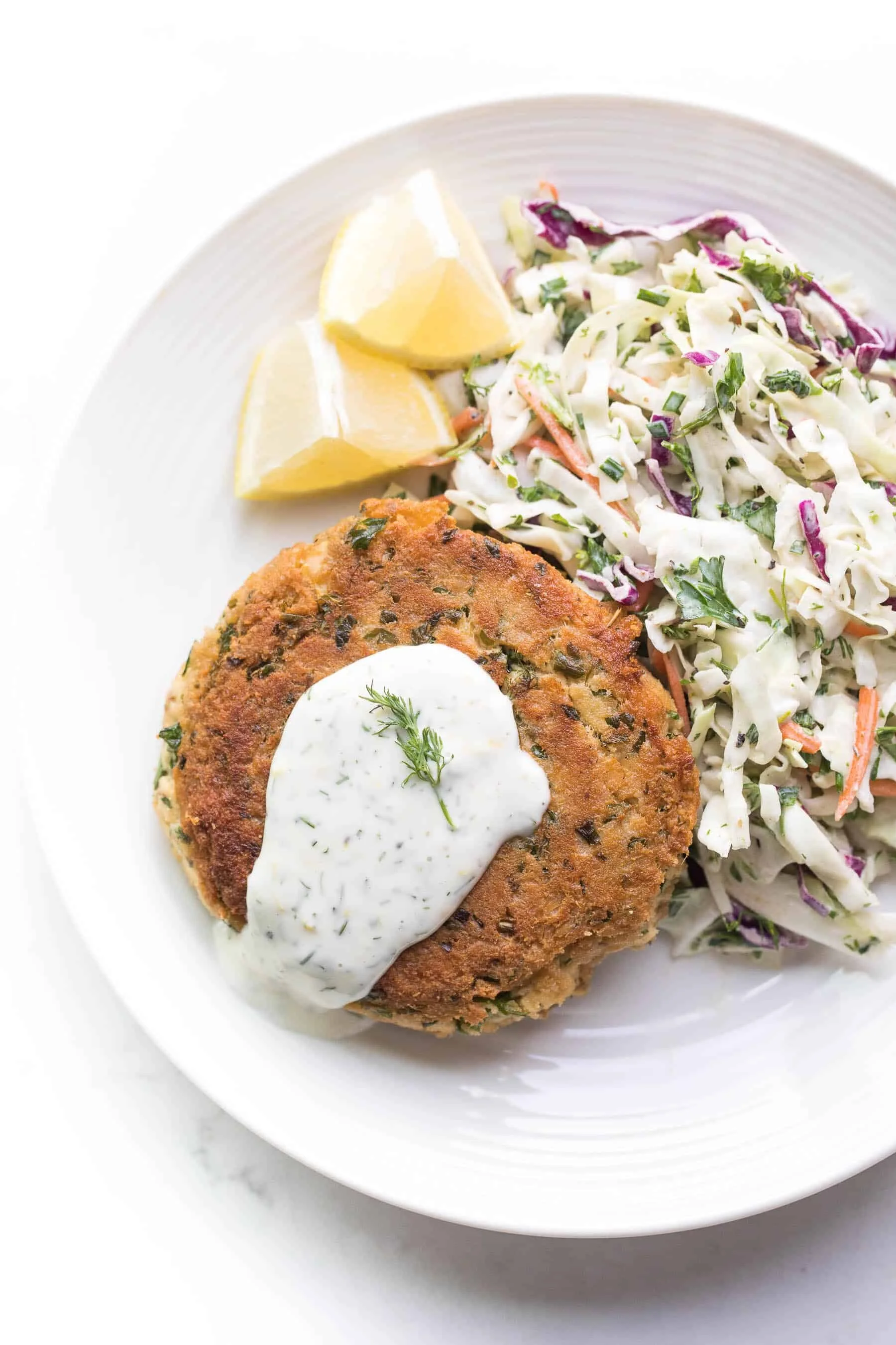Salmon Cakes or Chicken Patties with Herb Coleslaw and Lemon Dill Aioli (Delivery 6/18)