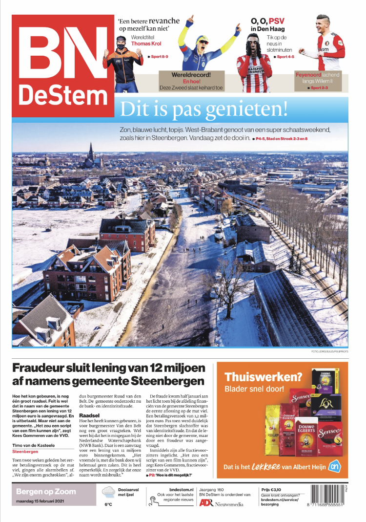Steenbergen vanuit de lucht. Voorpagina Bn-deStem 