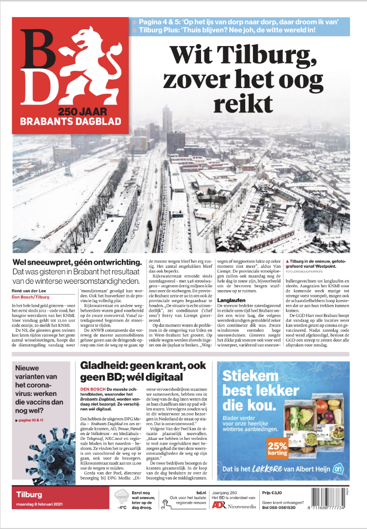 Eerste sneeuw van het jaar, voorpagina Brabants Dagblad