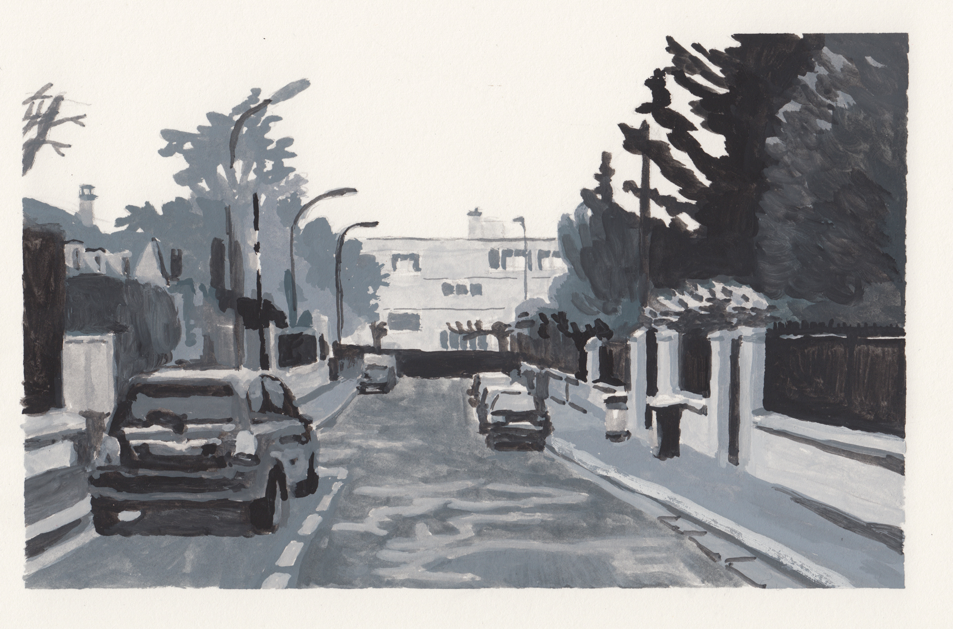   Painting series and short film project on Paris’ suburb landscapes bound to change due to the quick building of new villas and residencies,   Gouache on paper   