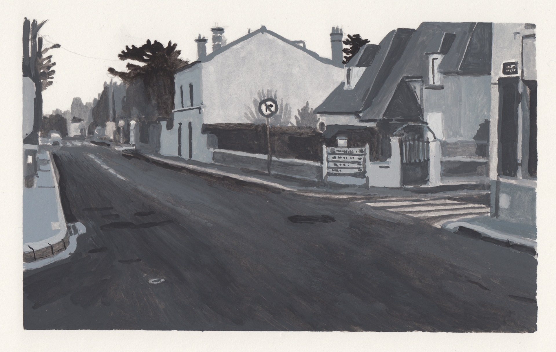   Painting series and short film project on Paris’ suburb landscapes bound to change due to the quick building of new villas and residencies,   Gouache on paper   