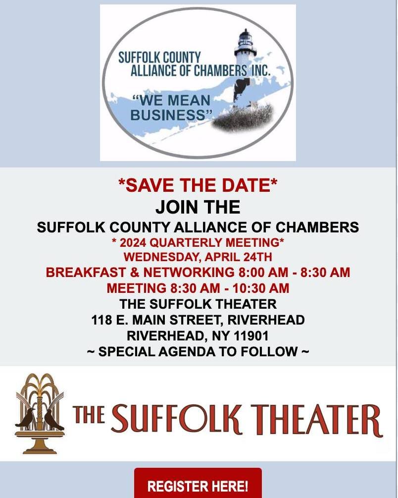 🌟 Exciting News! 🌟 Join us at The Suffolk Theater for the 2024 Quarterly Meeting of the Suffolk County Alliance of Chambers on April 24th! 

Start your day right with breakfast, and networking from 8:00 AM - 8:30 AM, followed by the meeting from 8: