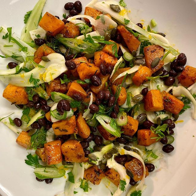 Roast Butternut Squash with cumin and thyme, Fennel from St Martins, black beans and an orange &amp; maple dressing