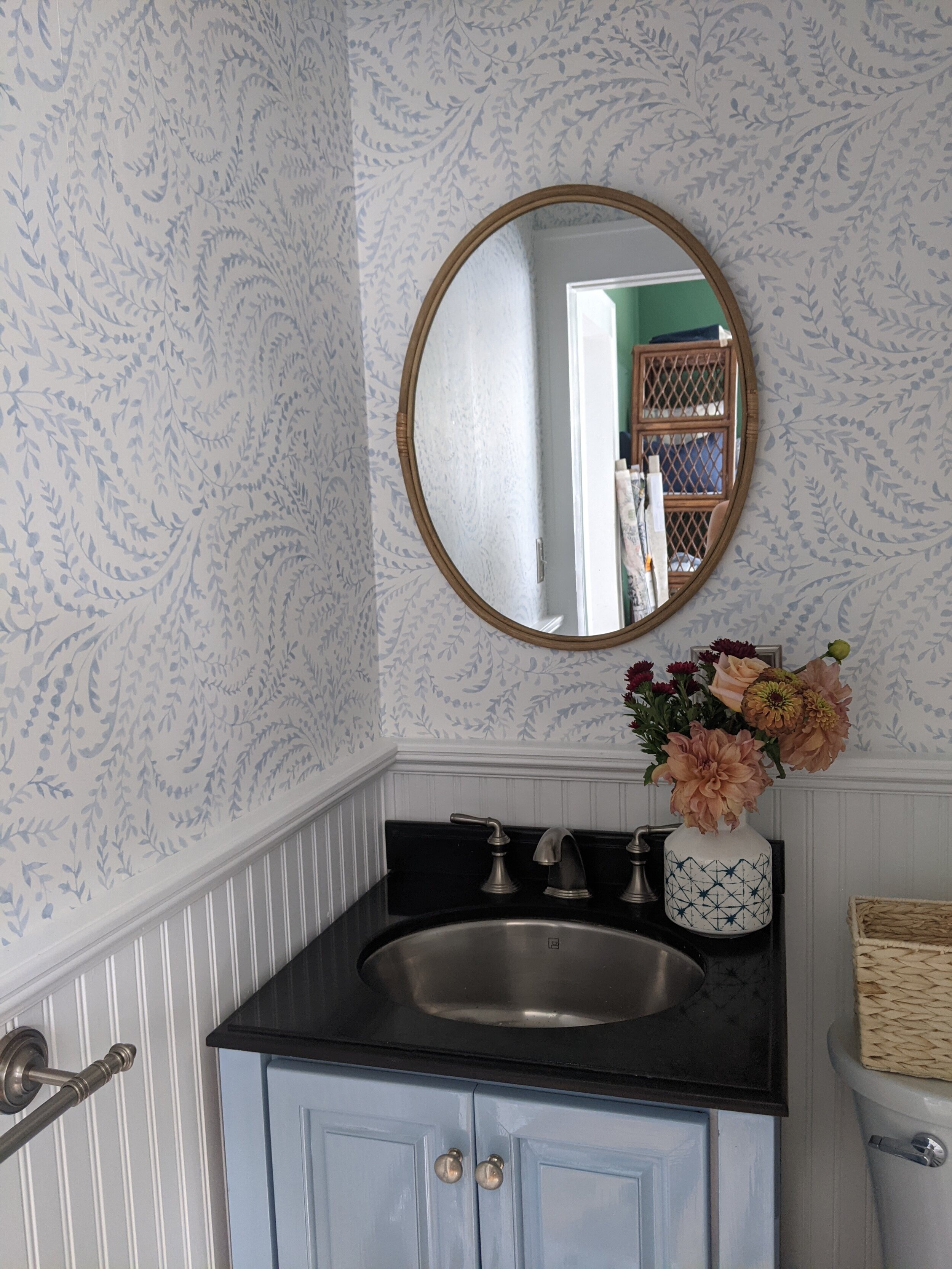 Powder Room Update Sherwin Williams Sea Salt  Serena and Lily Priano  Wallpaper  A Lovely Living