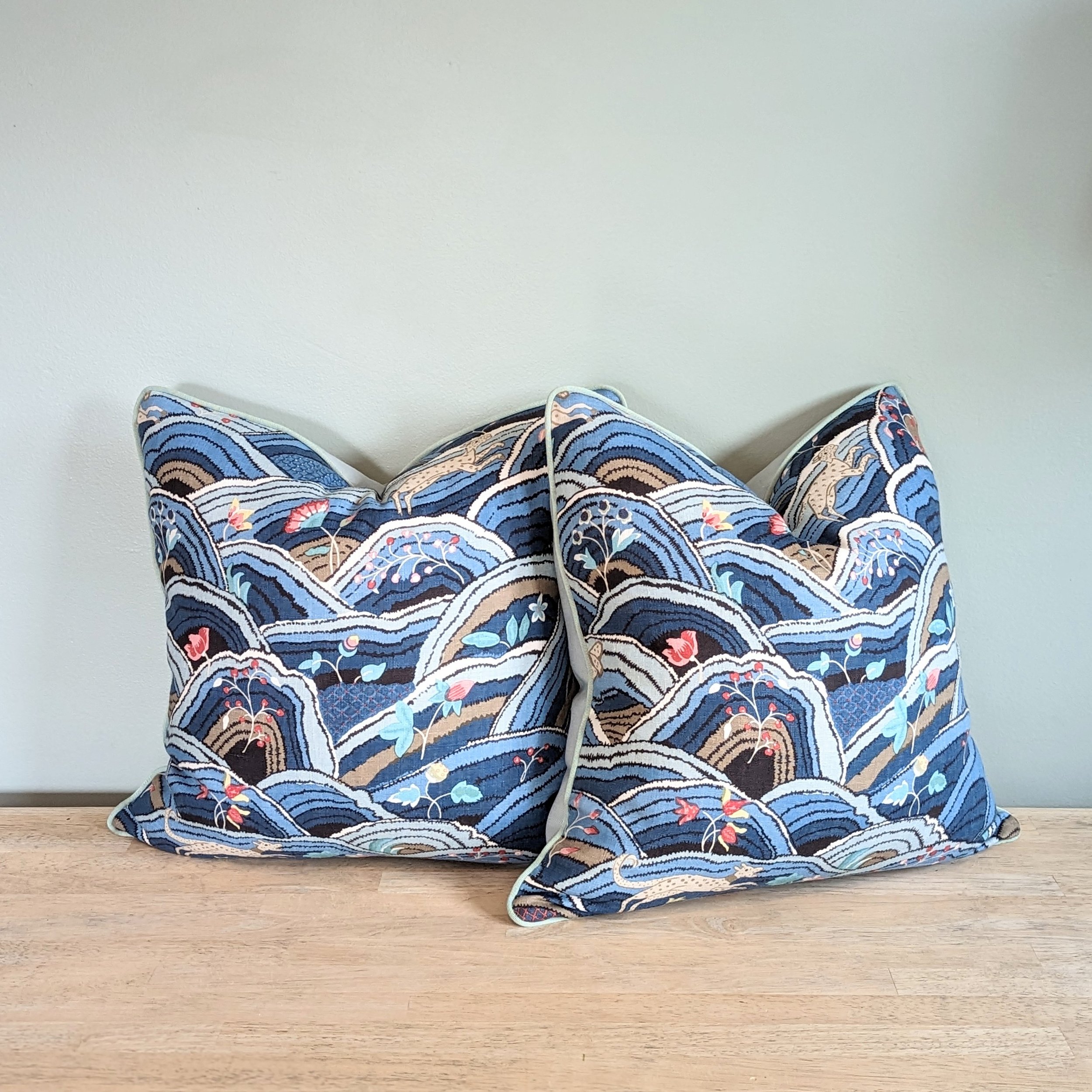 Schumacher Blue rolling hills pillows — Styled with Navy