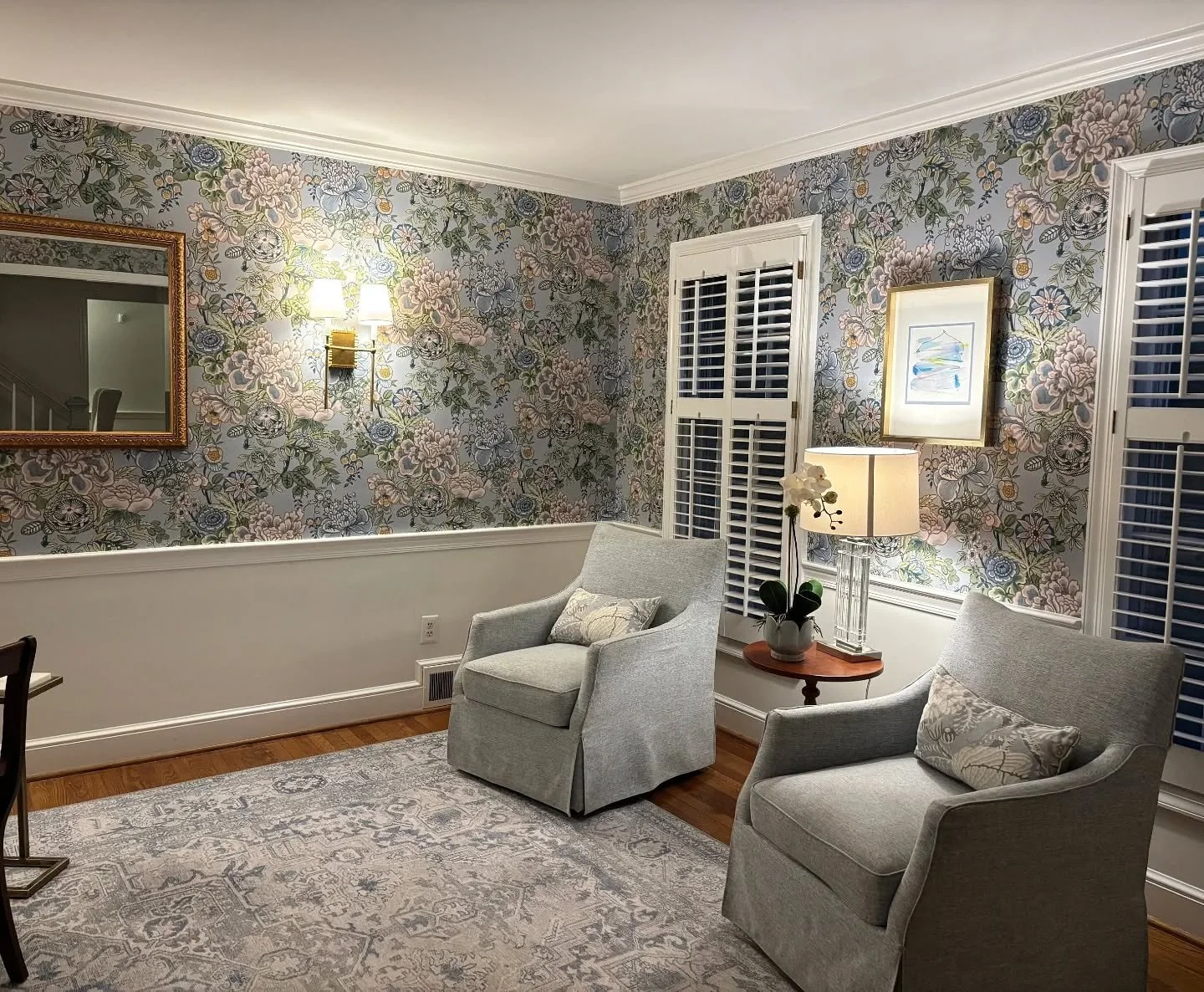 This was such a fun quick project! 
.
Rearranging the furniture, wallpaper, a mirror and pretty sconces to add light to a room with no overhead lights. 
.
Definitely the prettiest mahjong room around 🩵💙💚
.
.
.
#lovewhereyoulive #letsdecorate #wins