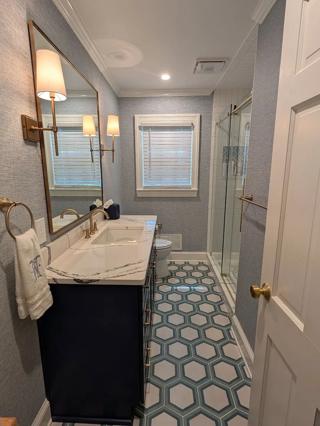 This kids bathroom turned out so fun, and I feel like the floor tile really made the space! 
.
.
.
#bathroominspo #kidsbathrooms #winstonsaleminteriordesign #bluebathrooms #funtile #lovewhereyoulive #letsdecorate