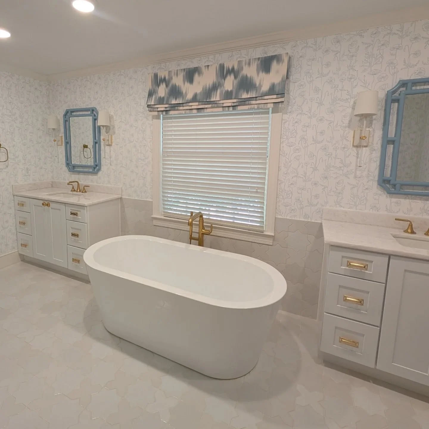 Blue &amp; White serene primary bathroom... Light bright and all the space! 
.
.
.
#primarybathroom #bathroominspo #blueandwhitebathrooms #winstonsaleminteriordesign #letsrenovate