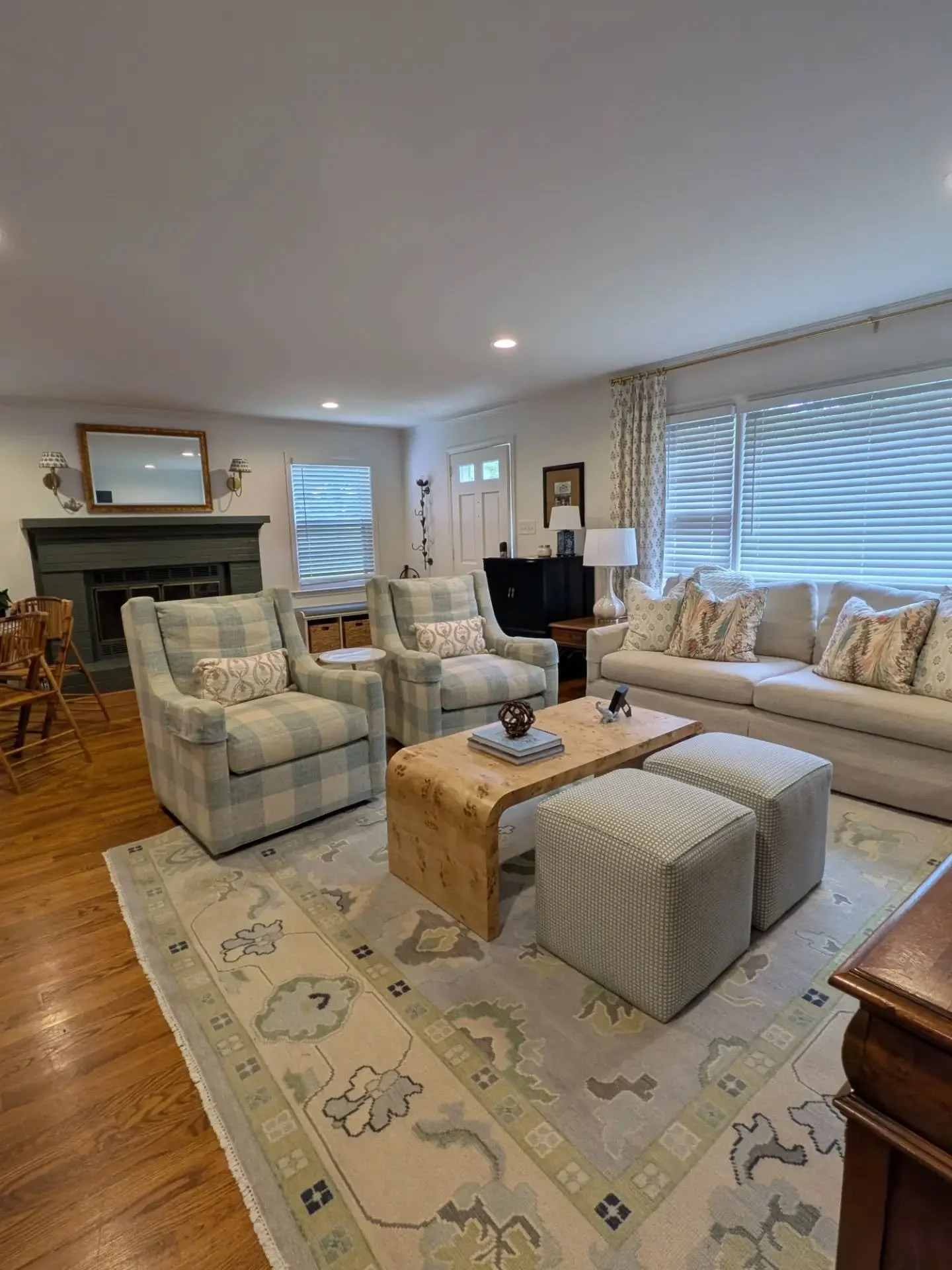 We wrapped up this pretty open concept space at the end of the spring, and loved working on this full house for the sweetest client. 
.
All the pretty blues and greens and fun prints 😍
.
.
#winstonsaleminteriordesign #lovewhereyoulive #letsdecorate