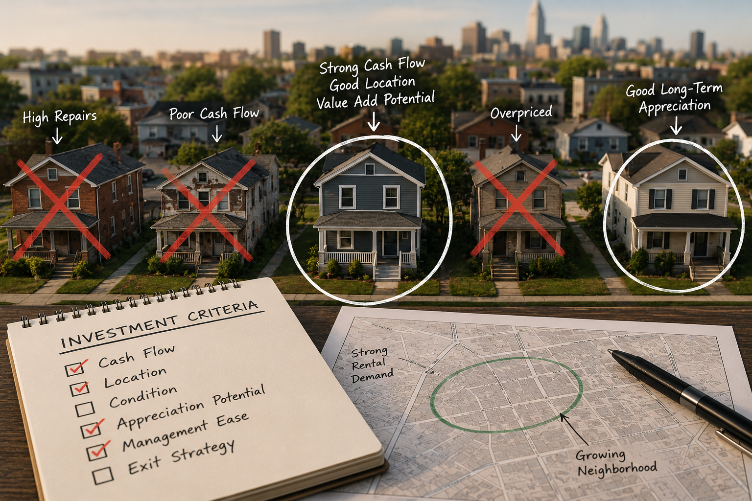 Row of homes, map and checklist
