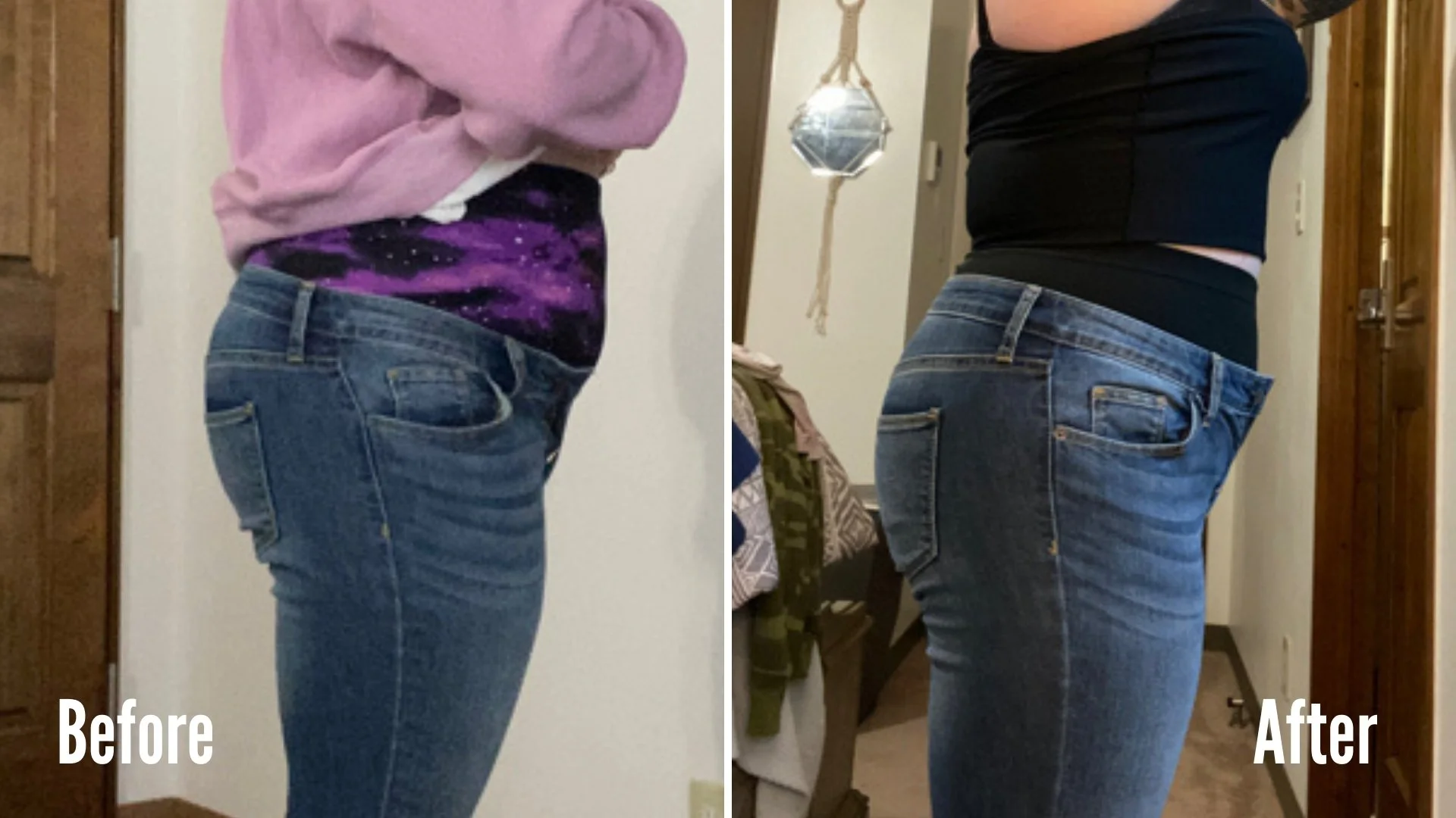 Side-by-side comparison of a person's waist and hips before and after weight loss, both wearing jeans. The 'before' shows a larger waist, and the 'after' shows a slimmer waist.