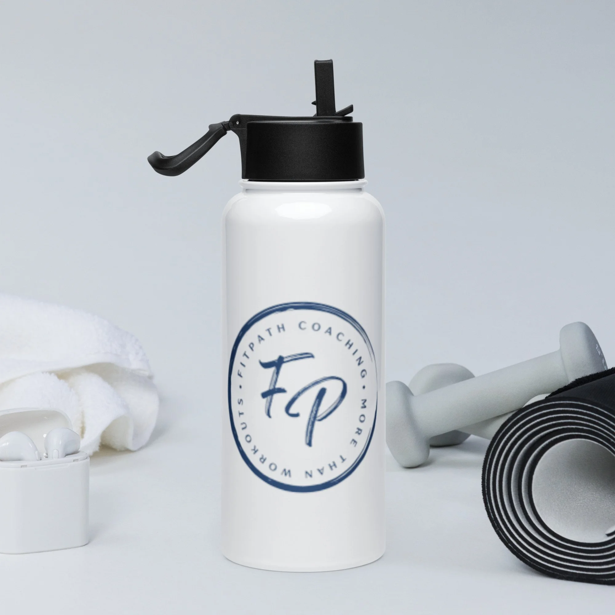 Stainless Steel Water Bottle with a Straw Lid Navy Logo