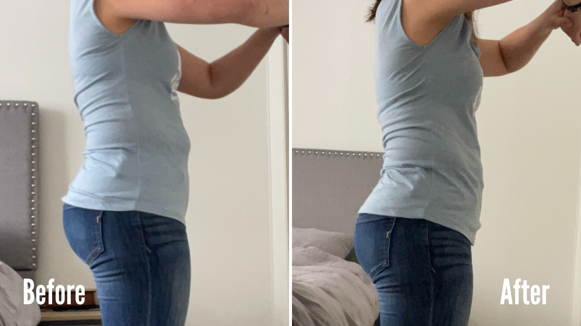 Comparison of a woman from the side in casual clothing, labeled 'Before' and 'After', showing improved posture and possibly weight loss.