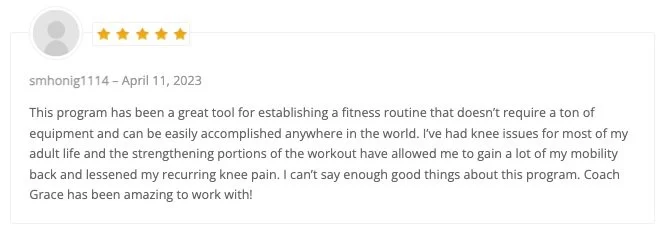 Screenshot of a positive online review from user smhonig1114 dated April 11, 2023, praising a fitness program and coach Grace.