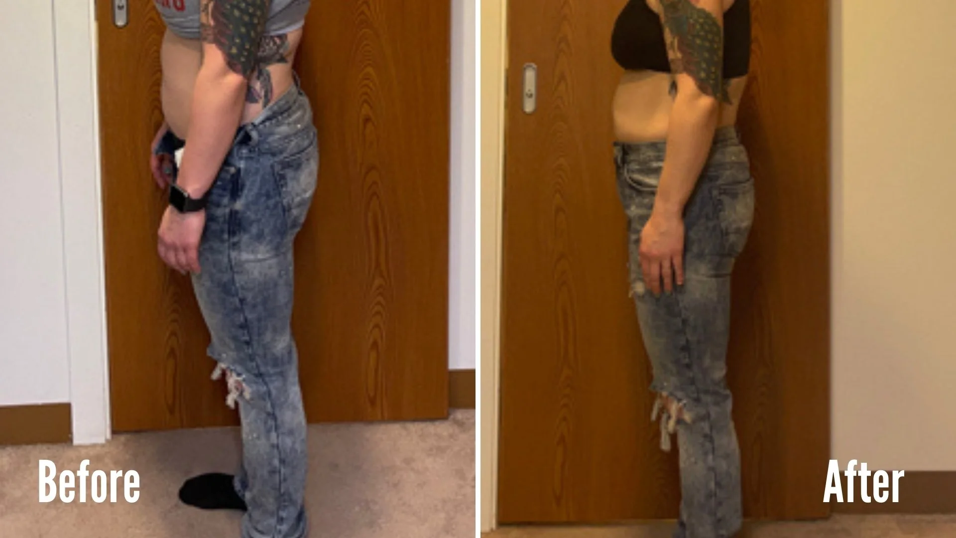 Side-by-side comparison photo showing a person before and after a weight loss transformation. In the 'Before' image, the person has more body mass, and in the 'After' image, they appear slimmer with less body weight. Both photos are taken indoors, st