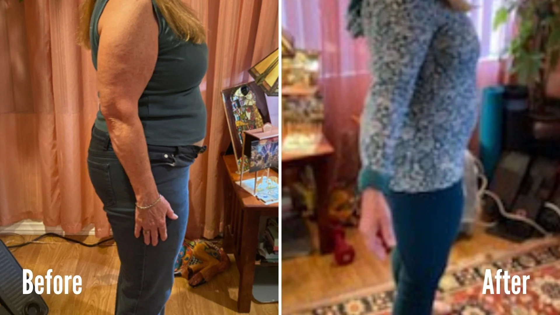 Side-by-side comparison of a woman's body before and after weight loss, showing a slimmer figure in the after photo.