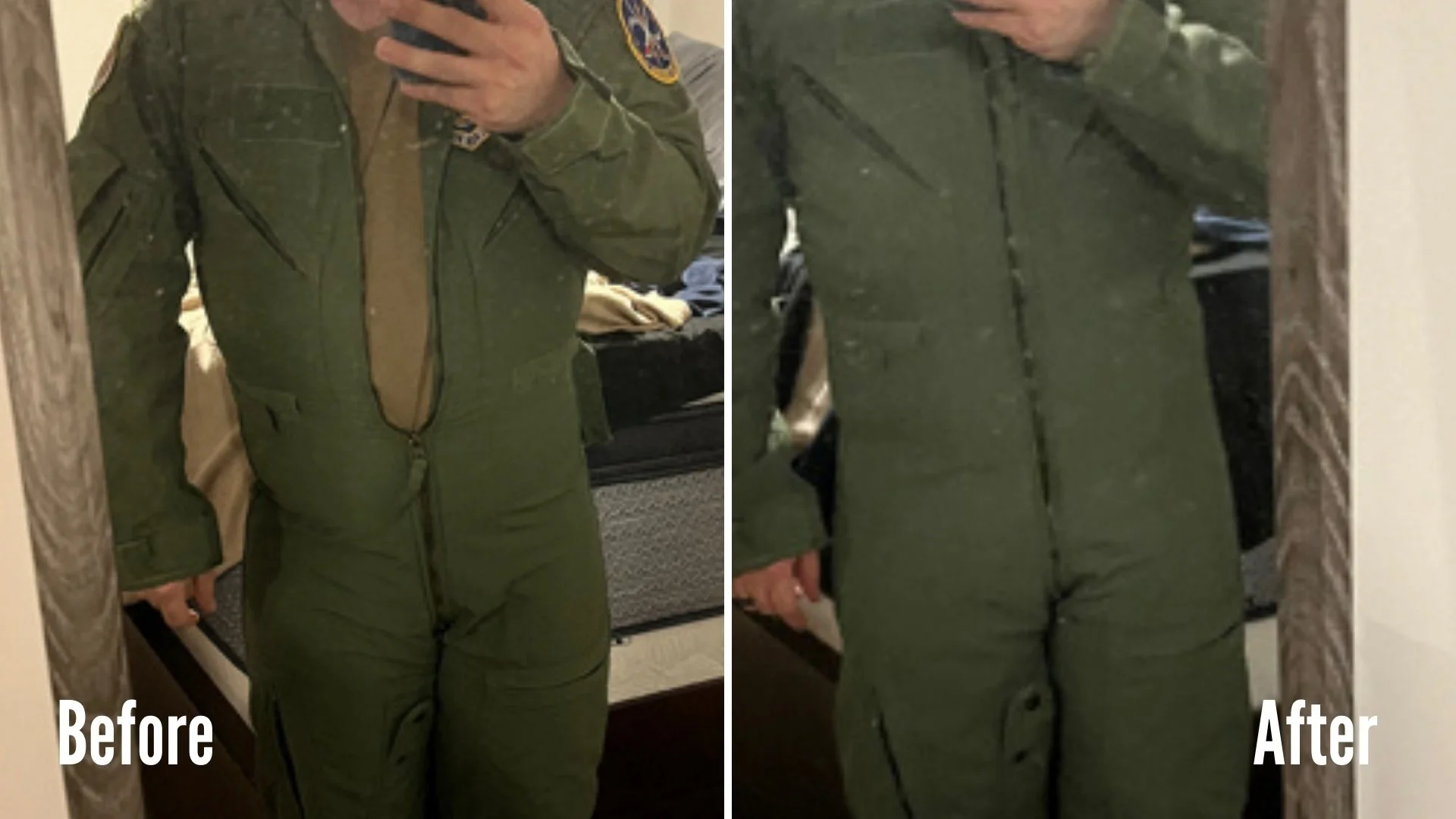 Comparison of a person in a green military-style jumpsuit before and after a fitting adjustment, shown in mirror photos in a bedroom.