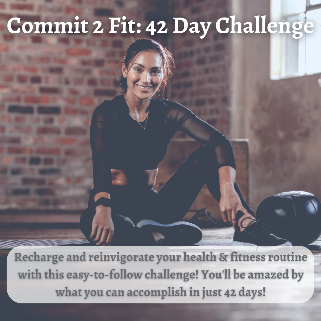 A young woman in workout clothing sitting on the floor with a medicine ball in a gym, smiling at the camera, promoting a 42-day fitness challenge.