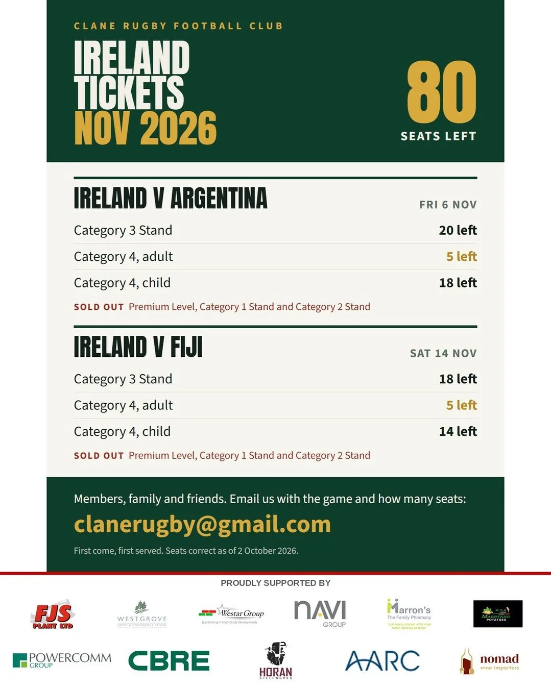 🏉 Fancy a trip to watch Ireland this November? We have 80 seats left and they will not hang around.

🇮🇪 Ireland v Argentina, Friday 6 November
🇮🇪 Ireland v Fiji, Saturday 14 November

Category 3 Stand and Category 4 seats are still available for