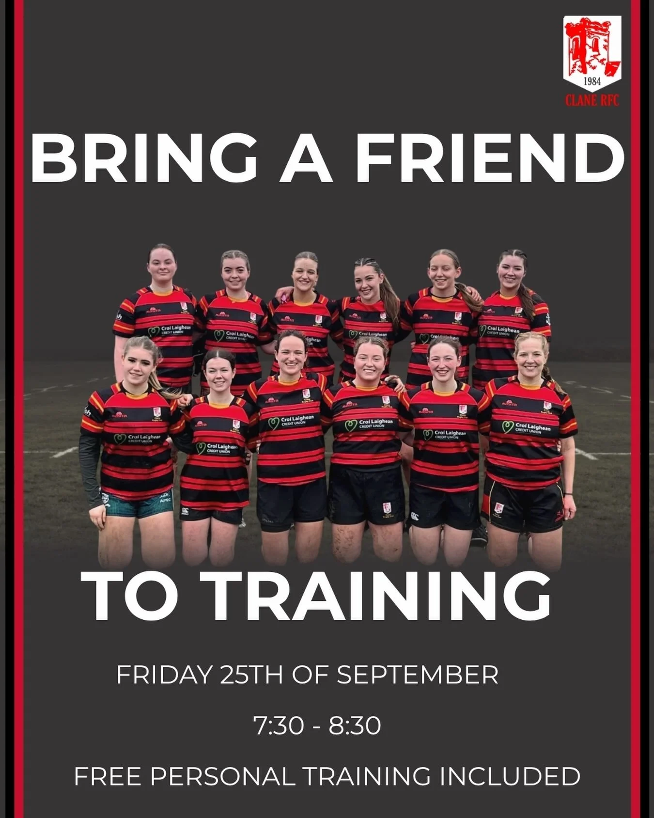 BRING A FRIEND TO TRAINING 🏉

Friday 25th of September 
7:30-8:30
Free personal training included 🔴⚫️