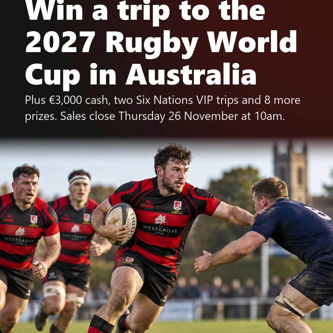 The IRFU Your Club Your Country draw is on 🏉

Win a trip for two to the 2027 Rugby World Cup in Australia, with flights, hotel and tickets for all of Ireland's pool games. Or &euro;3,000 cash, a VIP trip to Italy v Ireland or Scotland v Ireland in t