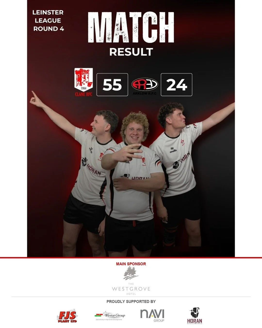 THREE ON THE TROT 🔴⚫

Clane 55 Arklow 24 in Round 4 of the Leinster League on Sunday.

Eight tries and a bonus point at Ballinagappa Road, with a hat trick for Finn Smullen. His first came from the length of the pitch and his third from a turnover o