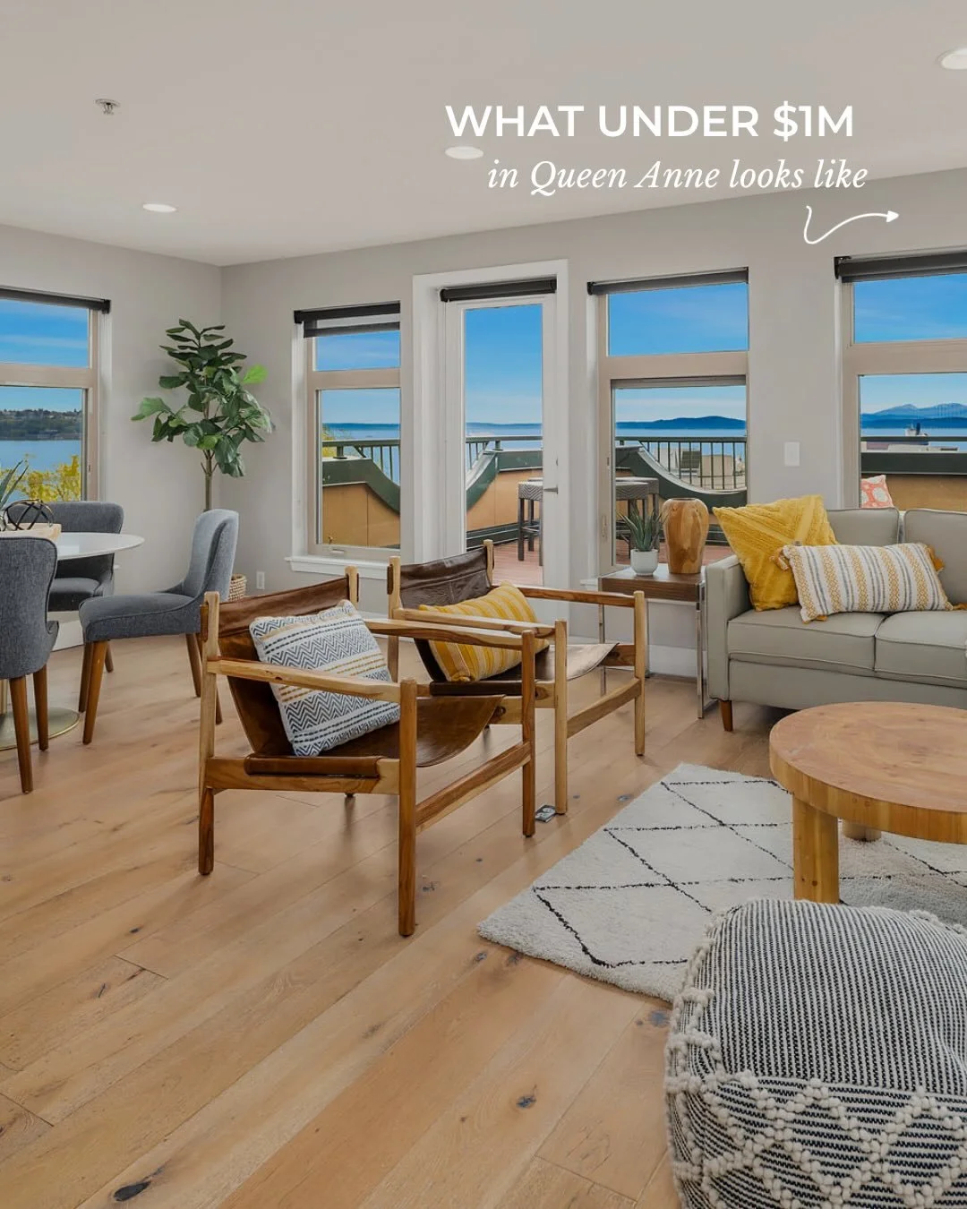 What under $1M in Queen Anne looks like right now 🌅🏙️
A top-floor corner residence at Carrara II, with Puget Sound views from nearly every room and a private deck that extends the living space in all the right ways. 
Thoughtfully updated with wide-