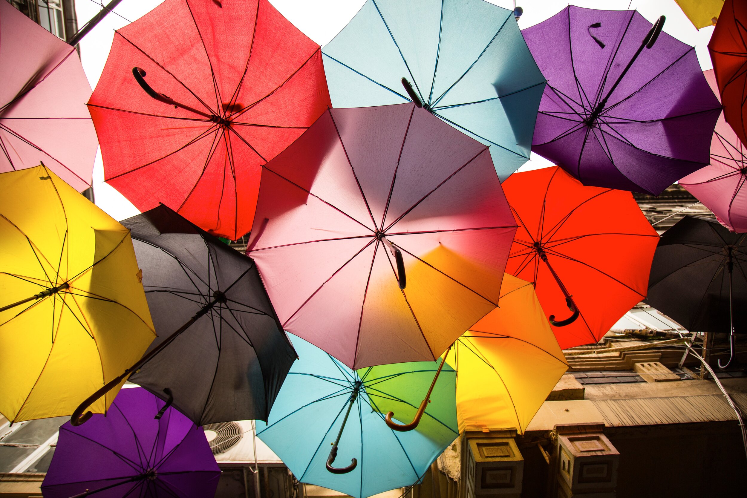A group of colorful opened umbrellas