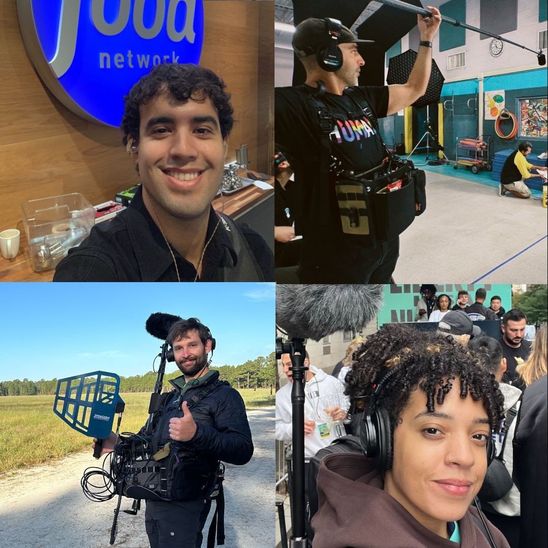Out mixin! @simon.arcenio top left cooking up some good sounds, @billymantani top right booming a scene, @austinplocher bottom left with the @zaxcom shark-fin set-up, and @staticsiftingfilms bottom right with the @nyliberty parade sound selfie