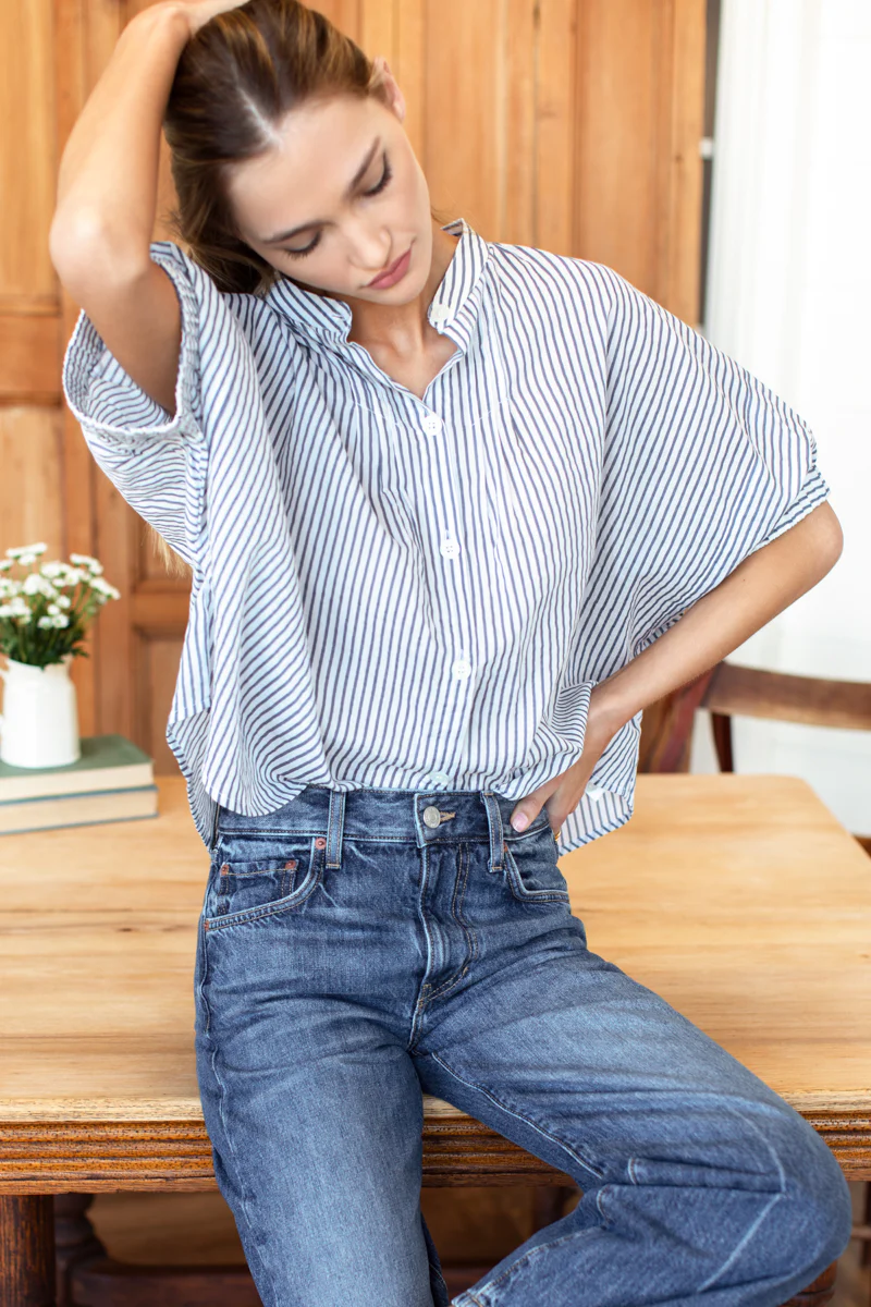 Blue Indigo Stripe Mandarin Collar Top 4.png