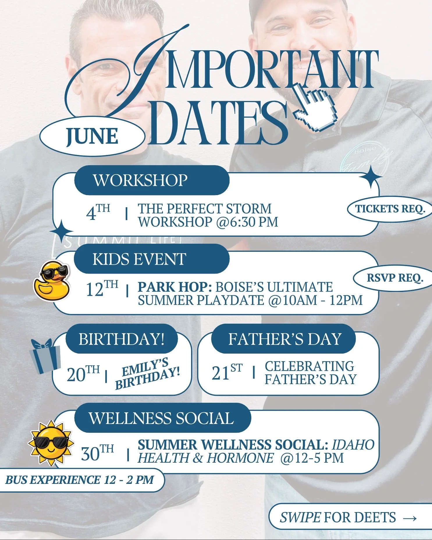 ☀️ Summer is officially here, and June is full of some of our favorite things... community, connection, education, and making memories with the people we love most.

Here are a few dates to save this month:

🧠 June 4th | The Perfect Storm Workshop
I