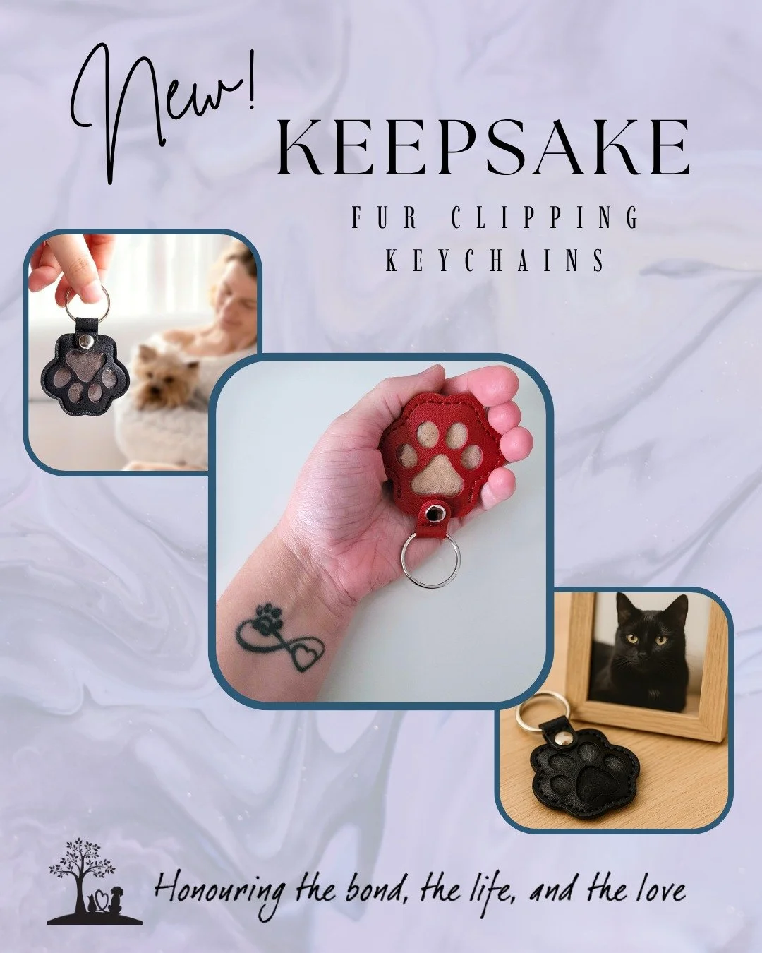 ✨ New Memorial Keepsake Offering ✨

We&rsquo;re honoured to introduce a new way to remember your beloved companion &mdash; fur clipping keychains in a sweet paw-print shape, available in a variety of colours.

Each small clipping of your pet&rsquo;s 