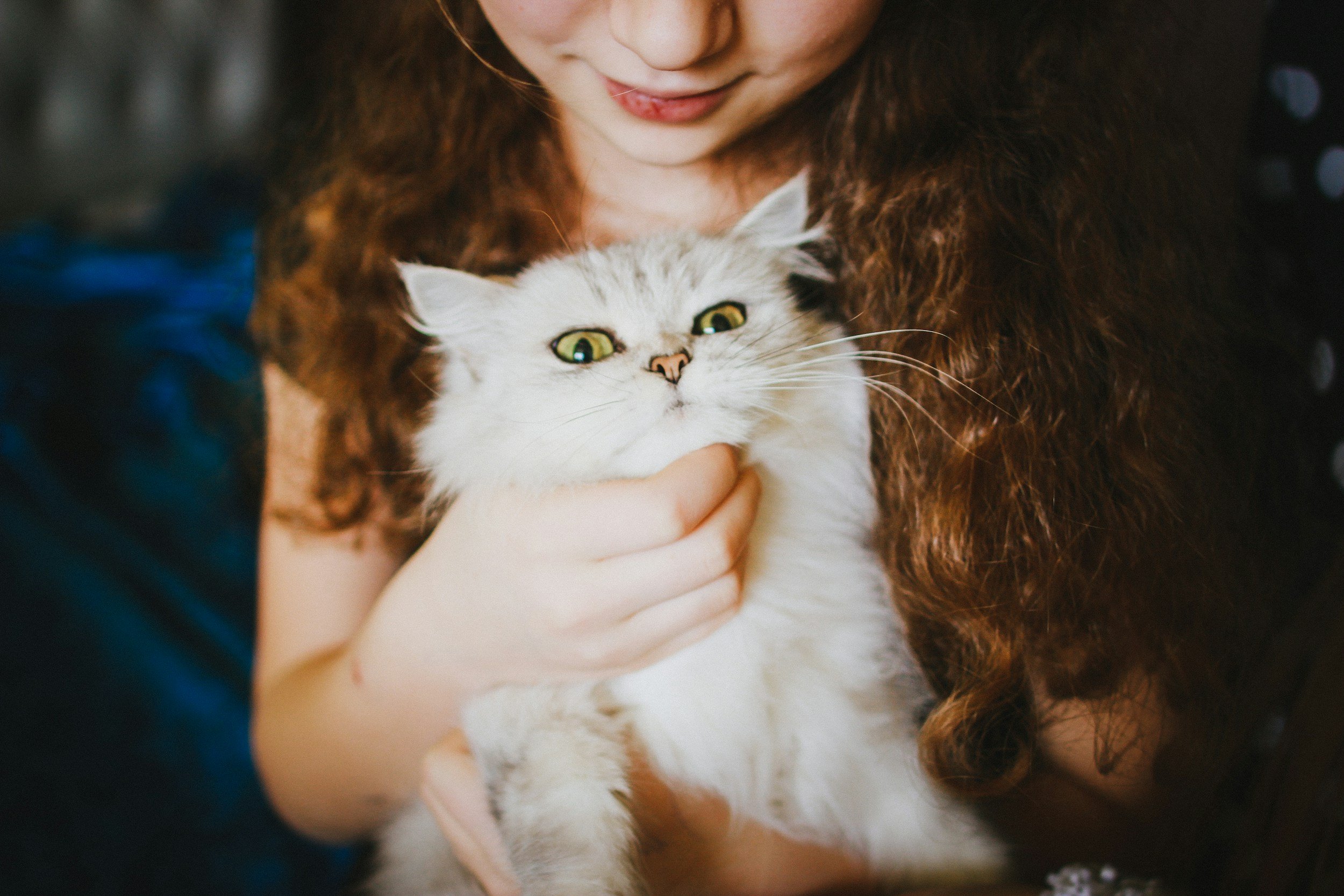 young girl with red hair lovingly holding a cat