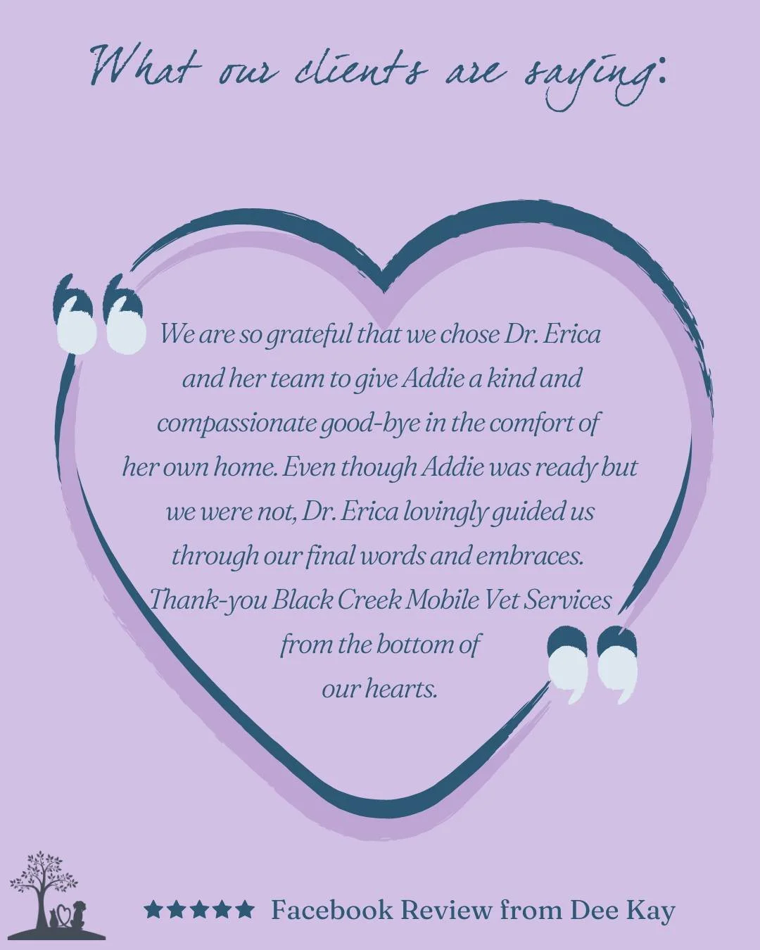 🩵🐾 Testimonial Tuesday 🐾🩵

Even when they&rsquo;re ready, our hearts may not be. We&rsquo;re deeply grateful to Addie&rsquo;s family for trusting Dr. Erica and our team to guide them through such a tender goodbye at home. 🤍

#TestimonialTuesday 