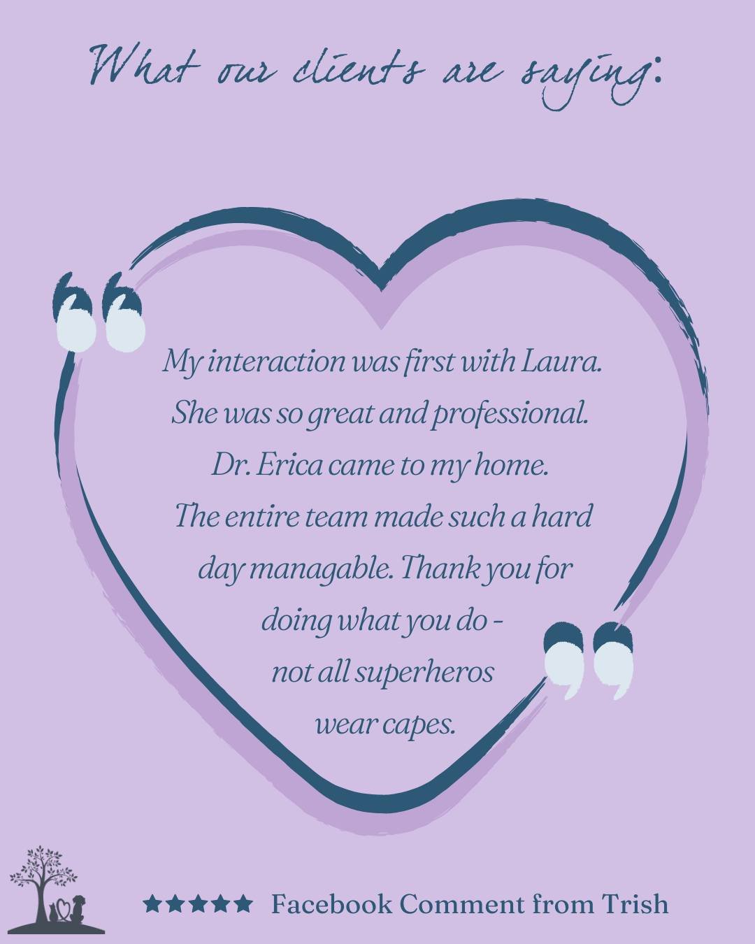 🤍 Thoughtful Thursday 🤍

&ldquo;My interaction was first with Laura. She was so great and professional. Dr. Erica came to my home. The entire team made such a hard day manageable. Thank you for doing what you do. ❤️ Not all superheroes wear capes.&