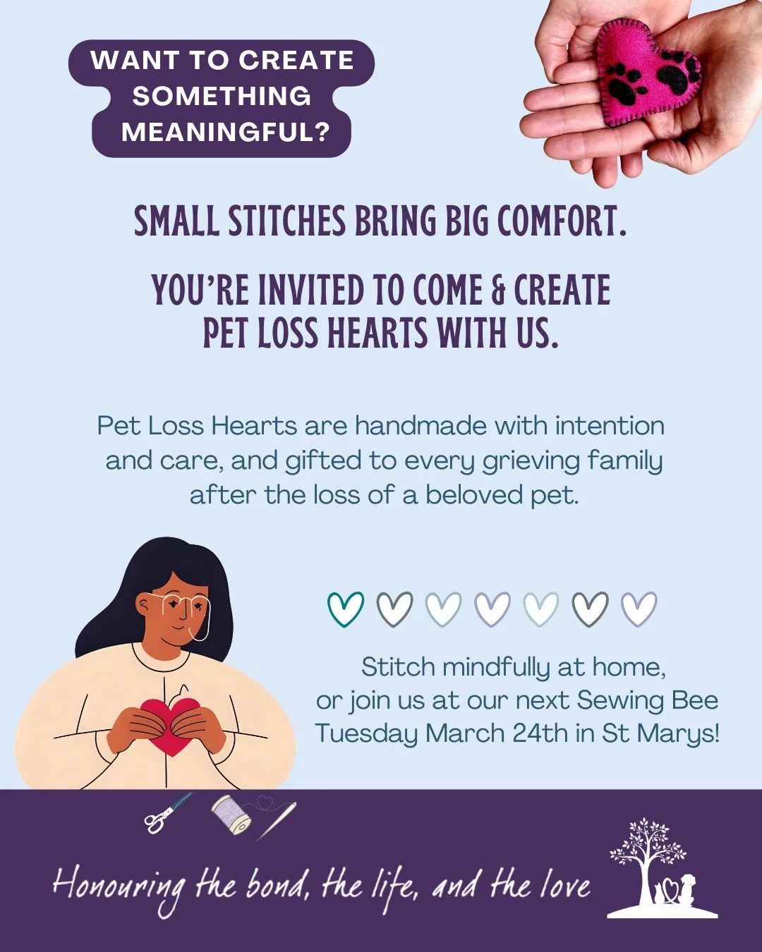 When we create with intention, even the smallest stitches can bring great comfort.💜

Our Pet Loss Heart Sewing Bees are a gentle way to give back to the community &mdash; offering compassion, care, and connection through something handmade.

Join us